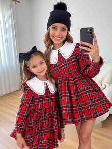 SHEIN Robe décontractée pour jeune fille avec col claudine en tartan tressé et broderie - Rouge - Voir 2