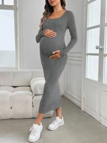 SHEIN 孕妇长袖紧身连衣裙，绿色，适合婴儿洗礼，秋冬季