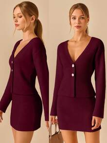 CLARA VERO WOMEN CLASSIC KNIT 2-BUTTON BLAZER & SKIRT CO-ORD - Burgundy - View 4
