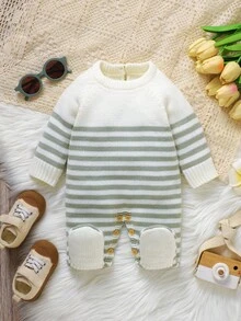 SHEIN 1pc Newborn Striped Crew Neck Long Sleeve Romper, Casual & Minimalist Design - Mint Green - View 6