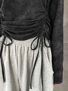 FRIFUL Women's Round Neck Long Sleeve Casual T-Shirt With Drawstring Hem Modest Top Long Sleeve Black Top Long Sleeve Tops Tie Up Top Dark Grey Top - Grey - View 2