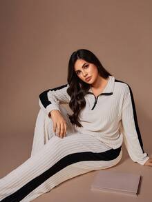 Lazeform 大码撞色拉链领长袖上衣和阔腿裤女士休闲家居服套装，舒适家居服套装，女士睡衣套装，女士慢跑裤套装，舒适套装，女士睡衣套装，秋冬服装 - 杏色 - 查看 5