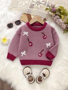 SHEIN Vintaside Kids 1 件米色休闲套头毛衣，蜜蜂图案，适合幼儿，长袖 - 粉色 - 查看 6