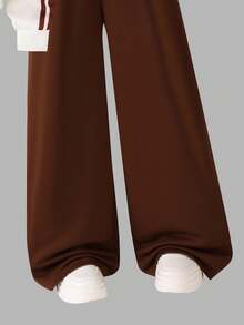 2pcs/Set Casual Teen Girl V-Neck Dropped Shoulder Short Sleeve & Wide Leg Pants, Numeric Pattern - Brown - View 4