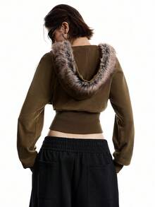 LYSMO 2025新款极简主义冬季休闲时尚街头拉链插肩袖人造毛皮连帽宽下摆短款外套，秋季女士短款连帽衫，短款拉链连帽外套，女士短款夹克，冬季新年造型和圣诞节街头服饰，以及斯德哥尔摩风格 - 橄欖綠 - 查看 2