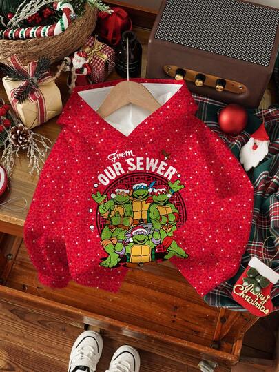 TEENAGE MUTANT NINJA TURTLES | SHEIN Sudadera con capucha informal para niño con gráfico de tortuga y estrella de lunares de Navidad