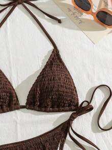 SHEIN Swim Women's Solid Color Halter Neck Sexy Bikini Set Bathing Suit For Summer Beach - Coffee Brown - View 3