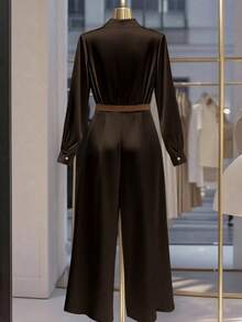 Franclia Women's Fashionable & Elegant Deep V-Neck Wide Leg Loose Solid Color Jumpsuit - Coffee Brown - View 2