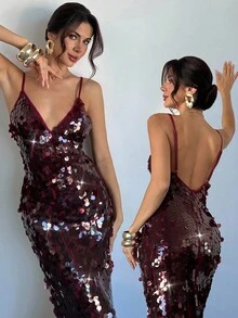 Firerie 女士勃艮第亮片刺绣亮片舞会礼服，细肩带深 V 领长裙，优雅露背美人鱼下摆晚礼服，超长礼服，婚礼宾客礼服，适合春季、夏季、秋季、冬季、优雅、通勤、约会、派对、婚礼季节、毕业典礼、舞会、表演、音乐会、工作、返校、年会、女士生日礼服 - 酒紅色 - 查看 2