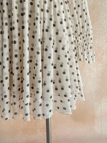 Dreamara Plus Size Women's White Polka Dot Mesh Print V-Neck Flare Sleeve A-Line Dress, Suitable For Autumn/Winter - Black and White - View 6