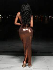 BamGleam Women's Sexy Hollow-Out Metal Shell Dress - Brown - View 2