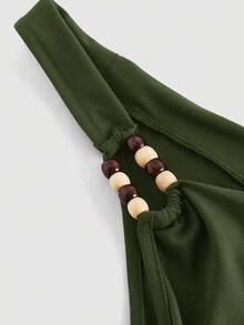 SHEIN MOD Váy ngắn bất đối xứng cổ điển thập niên 70 với chi tiết xếp nếp, cổ yếm, trang trí hạt cườm, viền bánh nhiều lớp và cổ áo xếp nếp - Lấy cảm hứng từ Y2K, hoàn hảo cho kỳ nghỉ trên đảo, tiệc tùng, hẹn hò, tiệc sinh nhật, tiệc trà chiều và lễ hội! - xanh quân đội - Xem 3