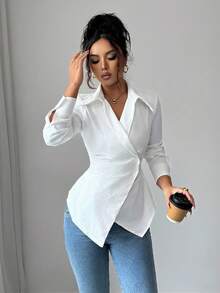 Elenzga Blouse à manches longues ajustée, asymétrique et froncée, de couleur unie, pour femmes - Blanc - Voir 6