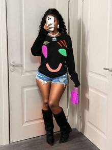 BamGleam Smiling Face Patchwork Crew Neck Casual Versatile Long Sleeve Knit Pullover - Black - View 5