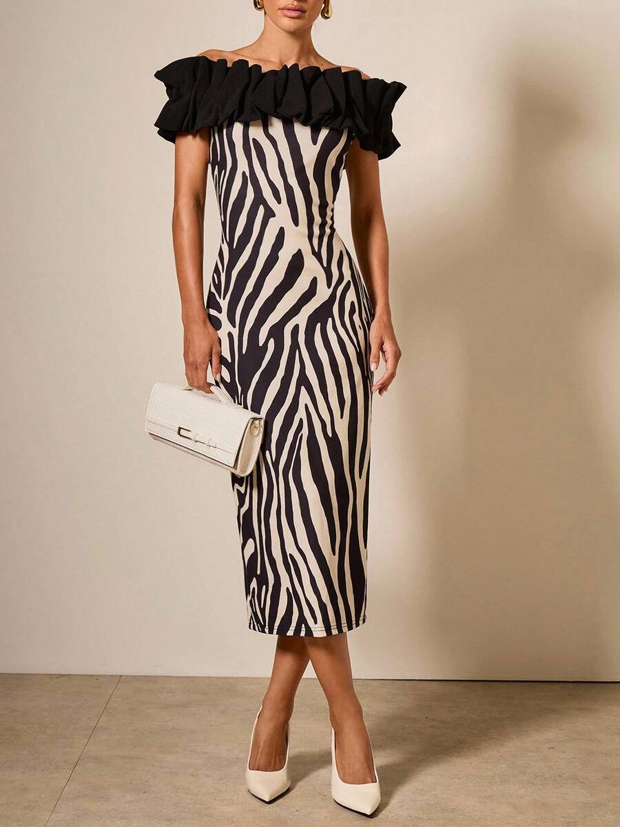 COSMINA Vestido Midi Ajustado com Babados e Estampa de Zebra Ombro à Mostra, Elegante e da Moda - Multicolorido - Visão 1