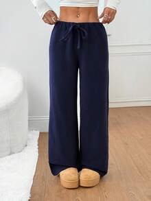 SHEIN PETITE 女款純色寬鬆休閒褲，冬季寬腿運動褲舒適海軍藍抽繩居家褲，感恩節休閒家居褲，小碼女款 - 藍色 - 查看 3