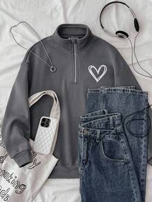 SHEIN Sudadera gris jaspeada con cuello alto y media cremallera, estilo básico para niña preadolescente - Gris Oscuro - Ver 1