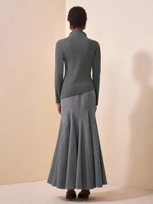 Zivah Bộ 2 món áo len dài tay màu xám mềm mại, dáng rộng, dáng suông, dáng xòe, dáng xòe bất đối xứng và chân váy voan đuôi cá, thời trang thu/đông 2025 dành cho nữ - Xám - Xem 2