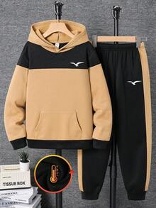 SHEIN 2pcs/Set Tween Boy Casual Contrast Color Hoodie Sweatshirt And Drawstring Pants Set,Black,Autumn,Streetwear,City Break College Style Versatile Outfit - Khaki - View 3