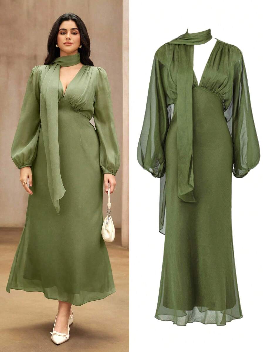 Roveilla Plus Size Solid Color Elegant Ruffle Decor Fishtail Maxi Dress, Party Wear, Spring/Summer - Green - View 1