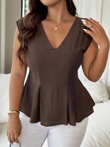 Vionelle Plus Size Women's Elegant Chic Sleeveless V-Neck Pleated A-Line Office Commute Casual Vacation Music Festival Solid Blouse