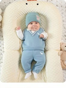 SHEIN Bộ 2 món quần nỉ và áo nỉ màu xanh cho bé trai/bé gái mặc thường ngày phong cách sinh viên, phù hợp mặc trong nhà và ngoài trời vào mùa thu/đông - Màu xanh lam - Xem 1