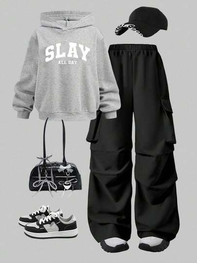 SHEIN Sparklyn 2pcs/Set Tween Girls Letter Print Hoodie Sweatshirt + Green Cargo Pants Casual Street Style Outfit, Autumn/Winter