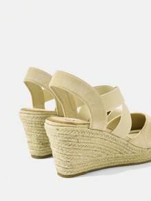 Styleloop 女士时尚圆头米色交叉松紧带舒适透气休闲黄麻绳厚底坡跟渔夫鞋，户外度假旅行 - 杏色 - 查看 9