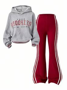 Sparklyn 2pcs/Set Teen Girl Casual Letter Print Long Sleeve Hoodie Sweatshirt And Flare Pants, Autumn - Burgundy - View 5