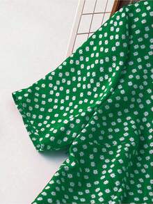 SHEIN LUNE Plus Size Women Polka Dot Print Waist Cinched V-Neck Dress, Summer - Green - View 4