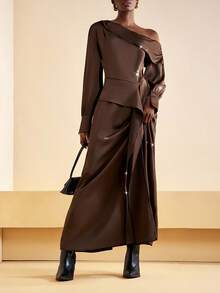 Zivah Elegant Autumn Shades Of Brown Ruffle Asymmetrical Shoulder Long Sleeve Top And Long Skirt 2-Piece Set,Women's Thanksgiving Dining Party Outfit - Brown - View 6