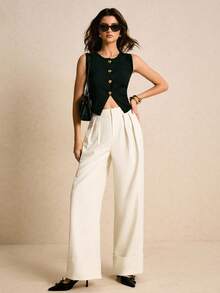 Poéselle Women's White High Waist Pleated Wide Leg Loose Casual Pants,Women's Loose-Fit Dress Pants,Legant Women's Pants,Simple And Chic Suitable For Daily Wear, Going Out,Commuting,Fall/Winter - Apricot - View 2