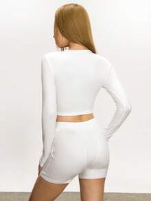 INAWLY 素色短款T恤&短褲 - 白色 - 查看 2