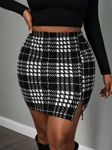SHEIN PETITE CURVE Plus Plaid Print Split Bodycon Skirt Curve Skirt Skirts For Women Black And White Skirt Slitted Skirt Checkered Skirt