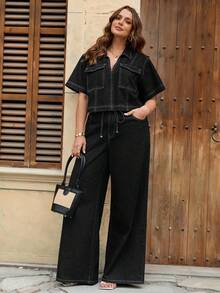 SHEIN Tall CURVE 休闲时尚街头风宽松短袖牛仔上衣，大码夏季秋季返校季可爱2000年代风格卡哇伊Y2K机场休闲老钱风图卢姆休闲上衣度假上衣外出上衣可爱女装 - 黑色 - 查看 4