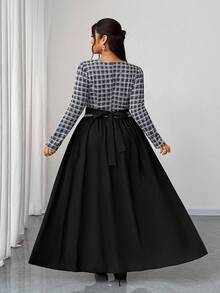 Elenzga 大码女式优雅浪漫黑白 V 领收腰 A 字长袖超长连衣裙，适合日常穿着，秋冬 - 彩色 - 查看 2