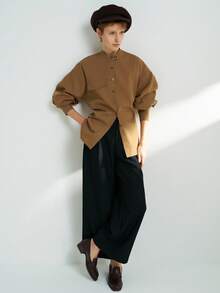 Airaco Áo sơ mi nữ cổ đứng, vai trễ, cài nút đơn giản màu trơn - Màu Khaki - Xem 6