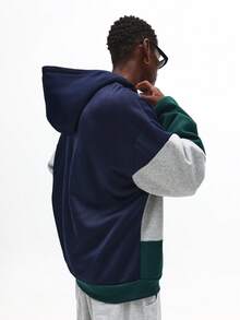 SUMWON Sudadera con capucha de media cremallera con bloqueo de color, logotipo bordado con cordón, ropa casual de calle para otoño e invierno - Azul - Ver 2