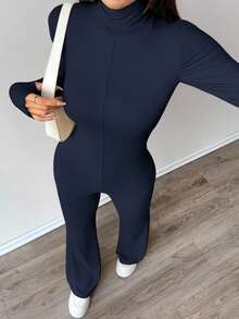 FavEase Bộ đồ liền thân xòe ôm sát cổ cao màu đen - Màu xanh hải quân - Xem 4
