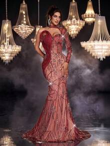 Glamrae Elegant Wine Red Sequin Embroidery Mesh Splicing Mermaid Dress,Handmade 3D Patchwork One-Shoulder Fishtail Gown With Train For Formal Party & Dinner - Burgundy - View 2