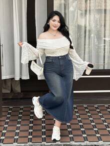 Rivivi Spring Plus Size Women Blue Denim Tight-Fitting Skirt, Non-Stretchy, Cowgirl Style Spring