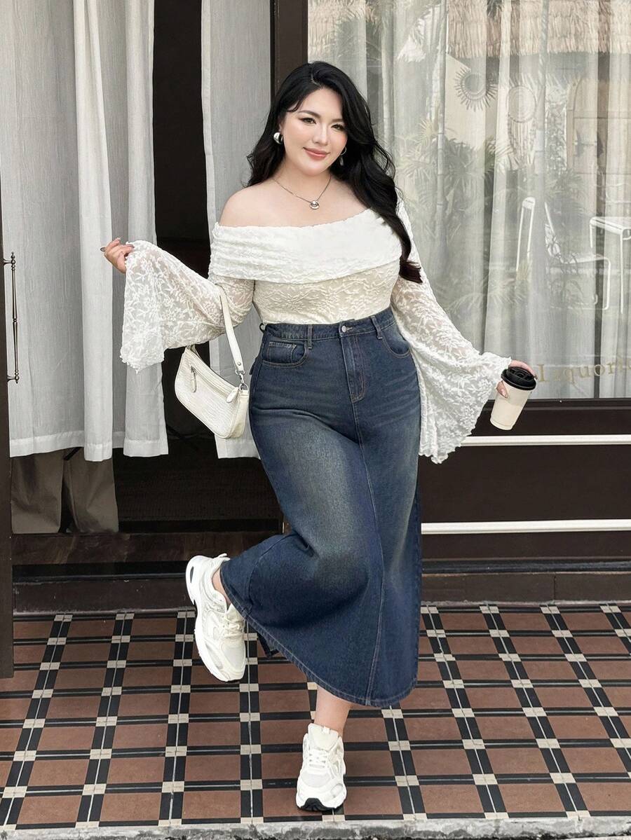Rivivi Spring Plus Size Women Blue Denim Tight-Fitting Skirt, Non-Stretchy, Cowgirl Style Spring
