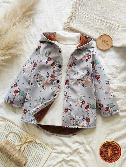 SHEIN Vintaside Kids 年轻女孩动物与植物印花保暖内衬连帽纽扣可爱卡通夹克，适合日常休闲穿着