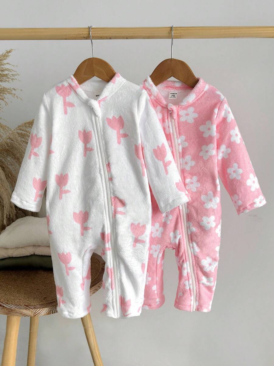 SHEIN 女嬰新生兒搖粒絨連身衣,冬季加厚前開拉鍊長袖花卉印花爬行服,可愛保暖連身褲 - 彩色 - 查看 1