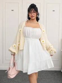 CovetEZ Plus Size Women Floral Decor Drop Shoulder Long Sleeve Cardigan In Fall/Winter - Apricot - View 2