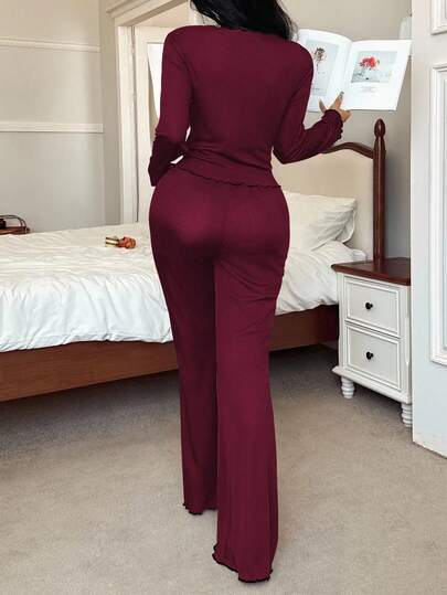 Zwart Rood Contrast Slim Fit Long Sleeve Top Pants Pajama Set, Fall Clothes, Cozy Outfit view 2