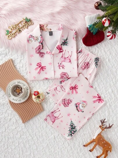 女士粉色圣诞鹿圣诞树圣诞礼物圣诞蝴蝶结姜饼元素舒适短袖长款开衫睡衣套装
