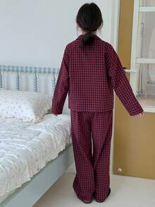 Hapijoa Conjunto de pijama de pantalón y manga larga con bordado de cuadros para niñas preadolescentes, otoño - Rojo violeta - Ver 6