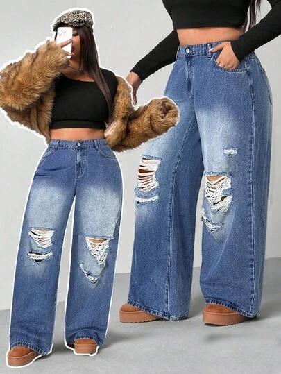SHEIN MOD Jeans acampanados y sueltos con rotos para mujer de talla grande, azul