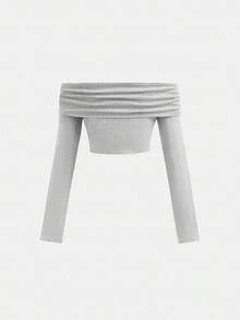 SHEIN 青少年女孩 2 件纯色浅灰色春秋露肩长袖短款上衣和喇叭裤休闲套装，适合日常穿着，适合返校